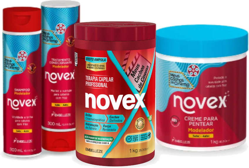 Linha completa de produtos capilares Novex com rótulos versionados