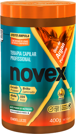 Rótulo de creme de tratamento capilar Novex Óleo de Argan, da Embelleze