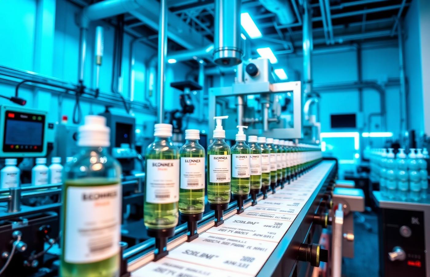 Linha de rotulagem de frascos de cosméticos na fábrica
