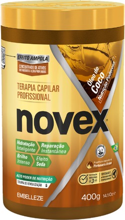 Rótulo de creme de tratamento capilar Novex Óleo de Coco, da Embelleze